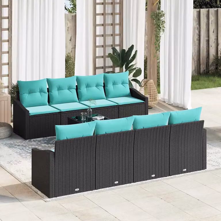 Set di divani da giardino vidaXL a forma di L composto da 9 pezzi in polyrattan con colori nero e turchese e tavolo da caffè coordinato
