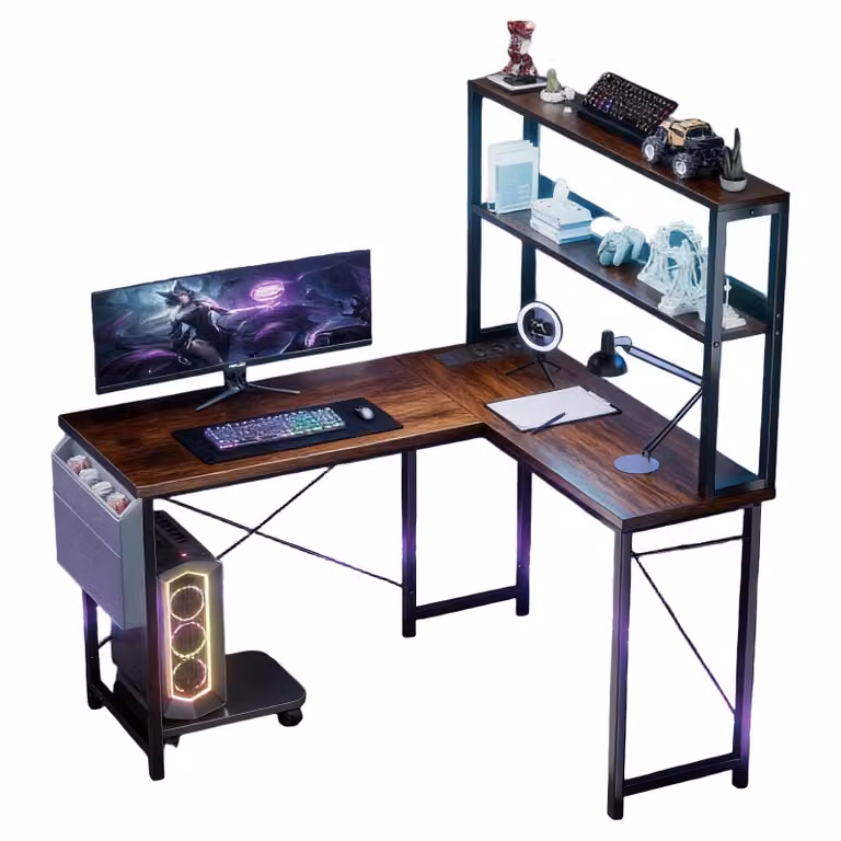 AIORBER Scrivania da gioco a forma di L 148 cm con illuminazione a LED, porte USB, scrivania angolare per computer, scrivania da ufficio con scaffale e contenitore Marrone