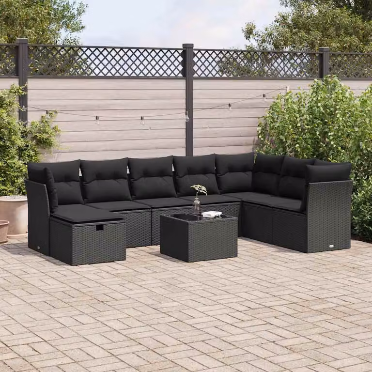 Set di divani da giardino vidaXL in polyrattan nero con cuscini, tavolino e pouf a forma di U