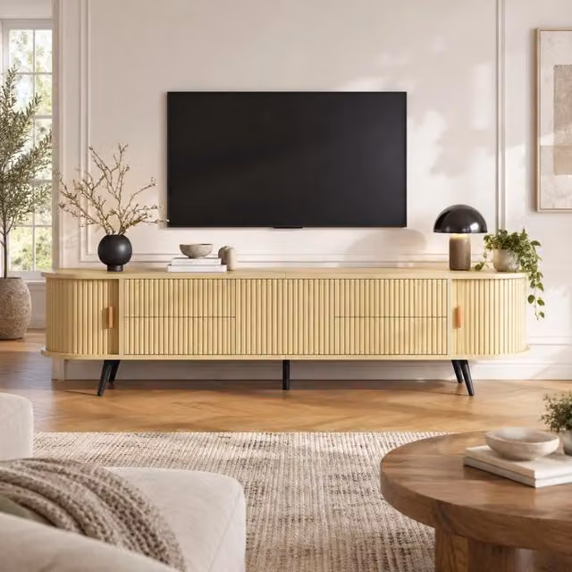 Mobile TV ovale ULEVR 180x40x45 cm con 4 cassetti e anta avvolgibile, MDF naturale, per TV fino a 80 pollici