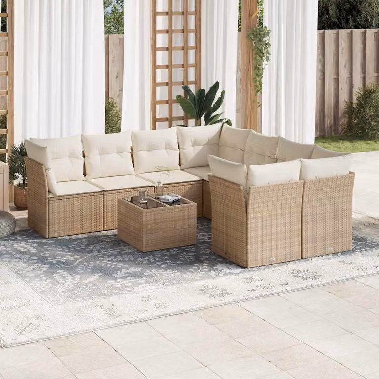 vidaXL Set Divano da Giardino a L 9 pz con Cuscini Beige e Tavolino da Caffè Moderno