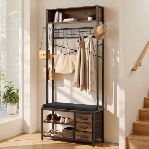 VEVOR Scaffale Appendiabiti da Ingresso con Scarpiera e Griglia Metallica, Armadietto Portabiti Autoportante per Soggiorno o Camera da Letto, Nero, L 80 cm x P 30 cm x H 180 cm