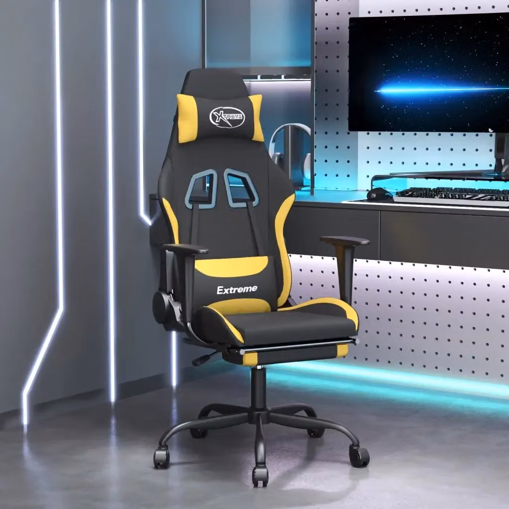 Sedia da Gaming Sportiva in Tessuto con Poggiatesta e Ruote, Nero e Giallo – 2