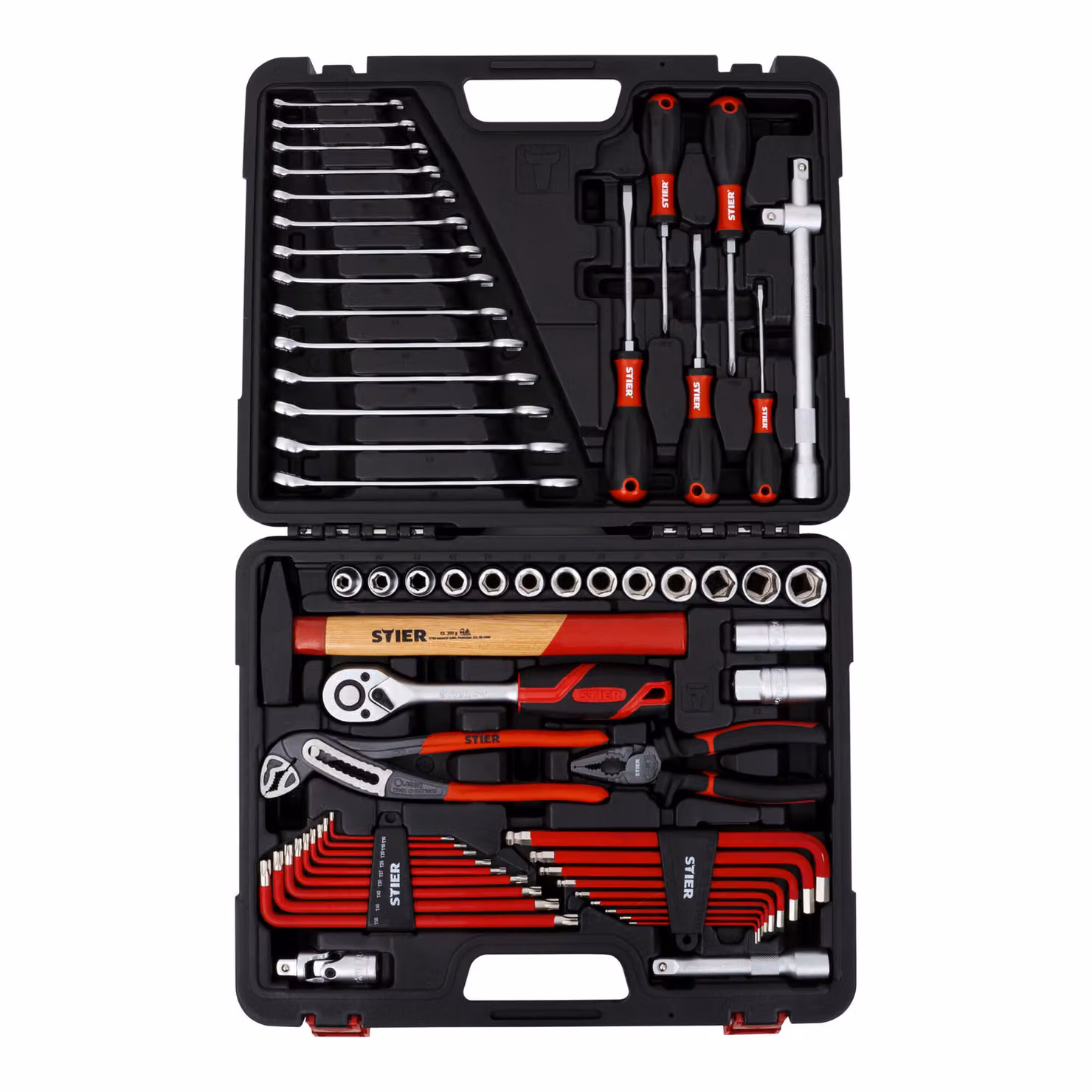 Valigetta STIER con assortimento di utensili da 60 pezzi, incluso cricchetto reversibile, dotato di martello, chiave aperta, pinze, cacciavite, chiave a bussola, set di bit