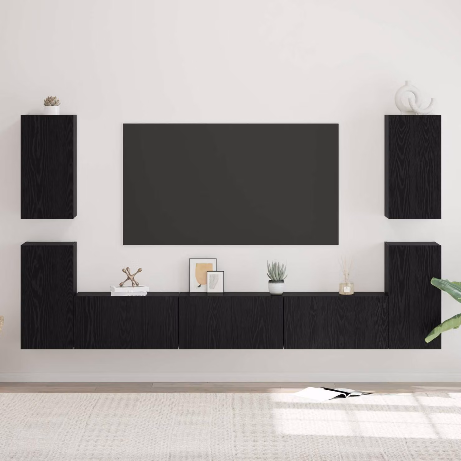 Set mobile TV moderno vidaXL da 7 pezzi, montaggio a parete, colore rovere e nero, in legno MDF – 1