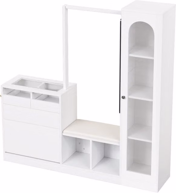 Set combinazione ingresso 6-in-1 GL Store con illuminazione LED, specchio, panca e scarpiera, Bianco, L: 163 cm, P: 35 cm, H: 161 cm – 1