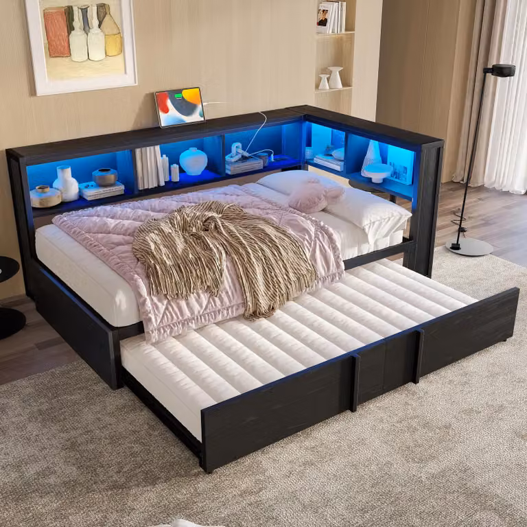 MODFU divano letto con materasso 90x200 daybed con porte USB, daybed in metallo con illuminazione LED integrata e letto estraibile, nero