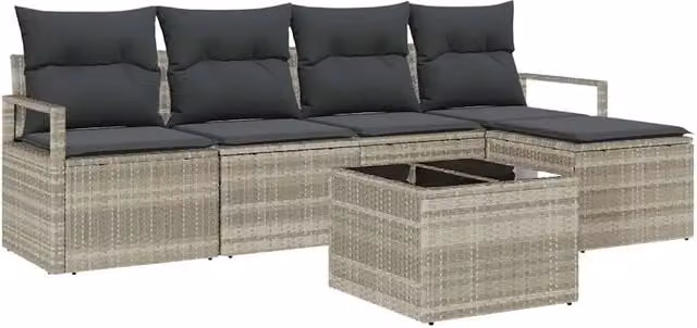 Set di divani con cuscino 6 pz | Set Salotto da Giardino Grigio chiaro polyrattan