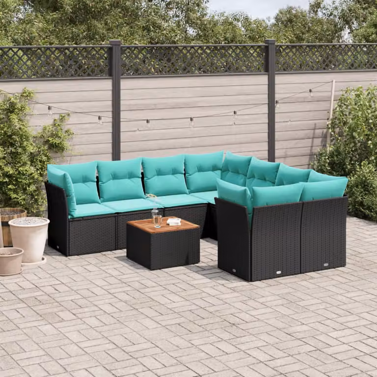 Set di divani da giardino vidaXL in polyrattan nero con cuscini e tavolino da esterno a forma di U