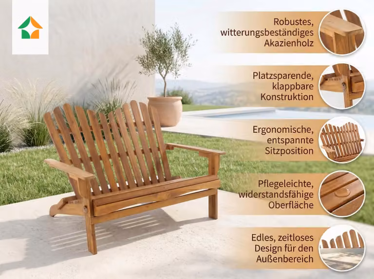 Panchina da giardino Adirondack pieghevole a 2 posti in legno di acacia, ca. 125 x 80 x 94 cm