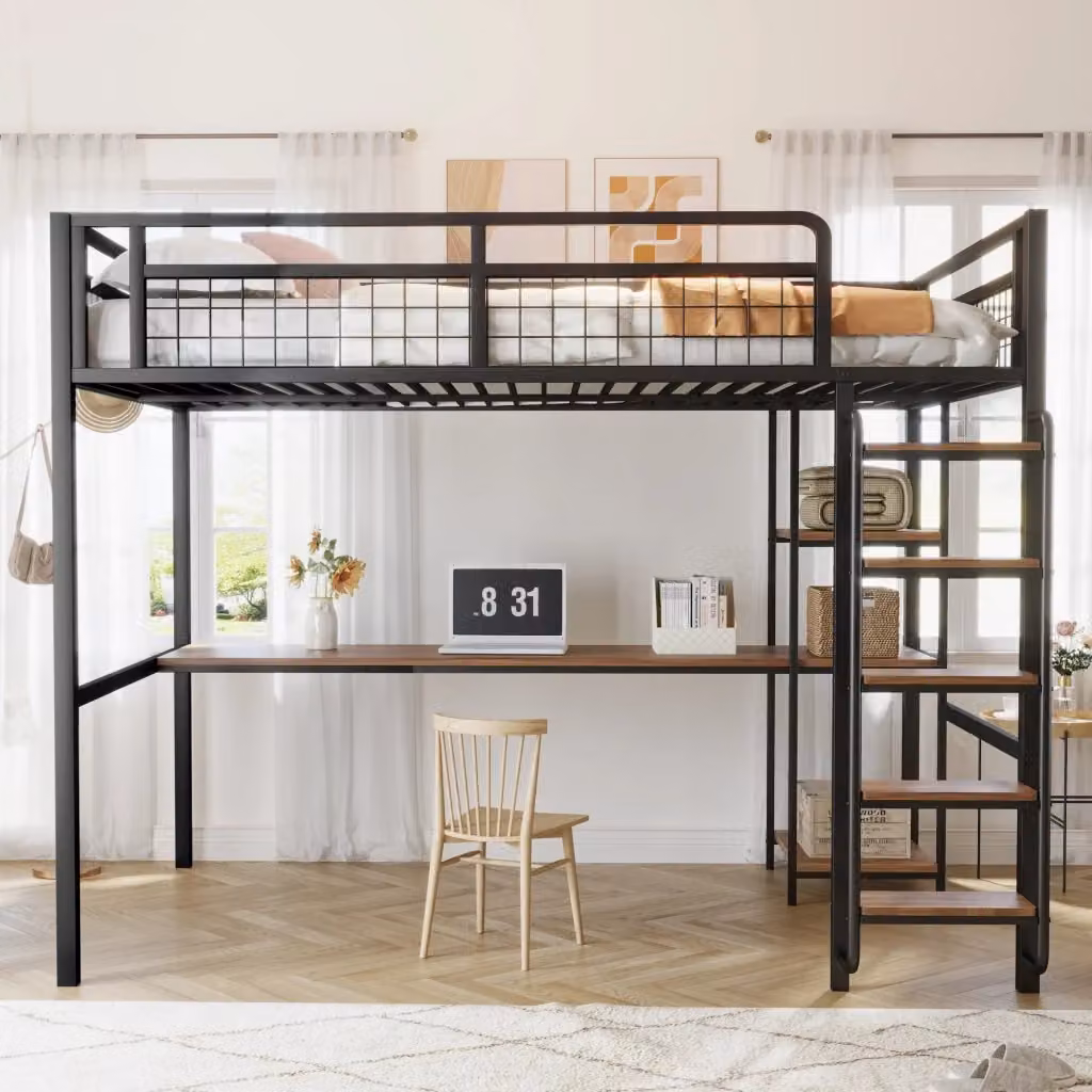 Letto a soppalco moderno in metallo nero con scala, scrivania e mensole, L/P: 140 x 200 cm – 2