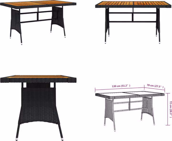 vidaXL Tavolo da giardino nero 130x70x72cm in poly rattan e legno massiccio di acacia - Tavolo da giardino - Tavoli da giardino - Tavolo da patio - Mobili da giardino