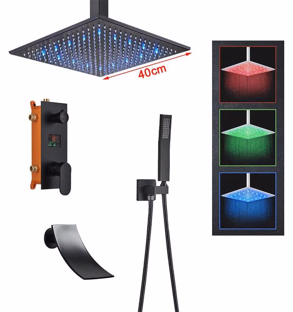Doccia a soffitto a LED - Sistema doccia per vasca da bagno - Display digitale - Miscelatore monocomando con controllo acqua calda/fredda - Design moderno - Nero - Set A 40