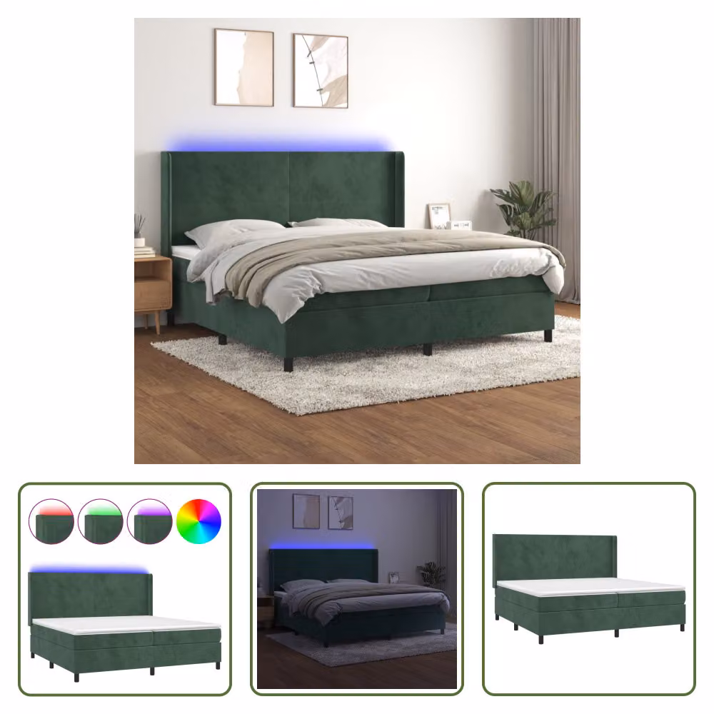 The Living Store Letto a molle con materasso e LED Verde scuro 200x200 cm in velluto
