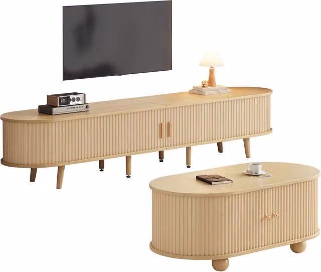 Set mobili soggiorno mobile porta tv 170 cm e tavolino da salotto ovale noce chiaro