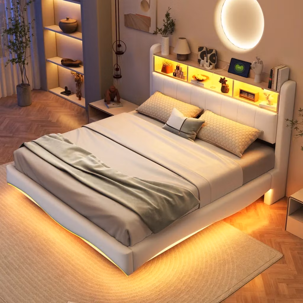Letto imbottito sospeso Mivray beige con illuminazione LED, porte USB e Type-C e testiera con vano portaoggetti, L/P: 160 x 200 cm – 2