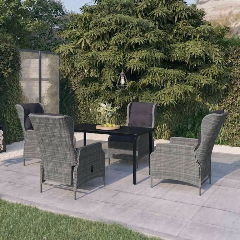 Set da pranzo da giardino vidaXL in metallo e rattan con tavolo in vetro, 5 pezzi, Grigio e Nero