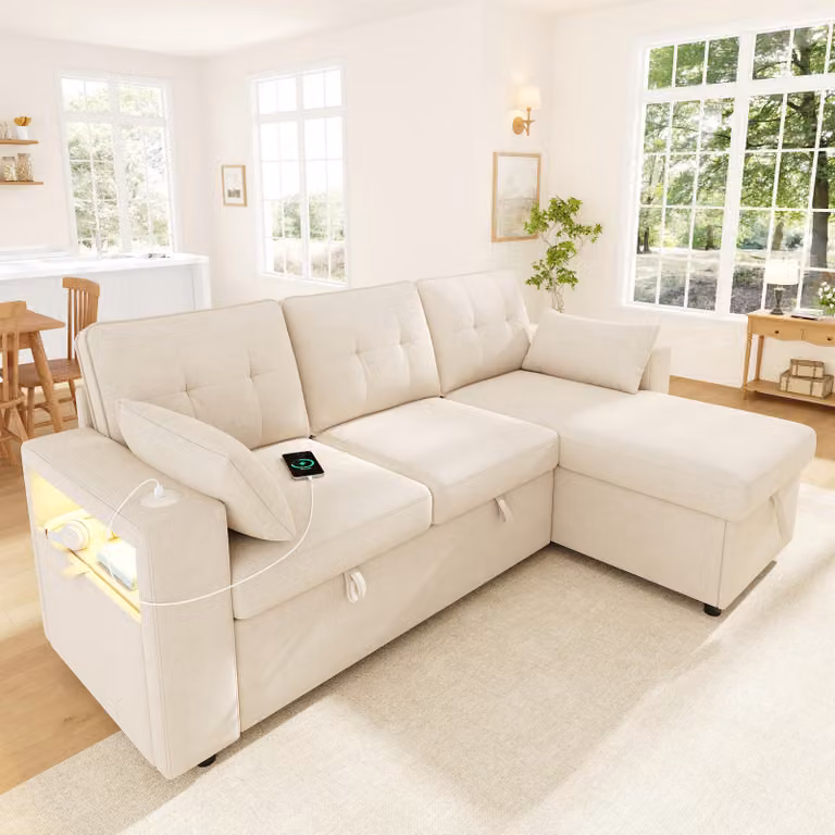 Divano letto angolare a forma di L con pouf reversibile, illuminazione LED e vano portaoggetti nelle braccioli, divano angolare con prese USB/Type-C e 2 cuscini, rivestito in chenille, color beige