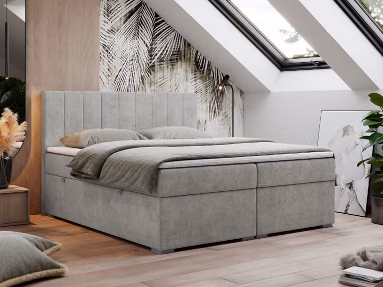 Letto boxspring 160x200, letto 160x200 con materasso e topper, letto boxspring con cassetti, letto matrimoniale - LOPE - 160x200 - Grigio chiaro - Strutturato - H3
