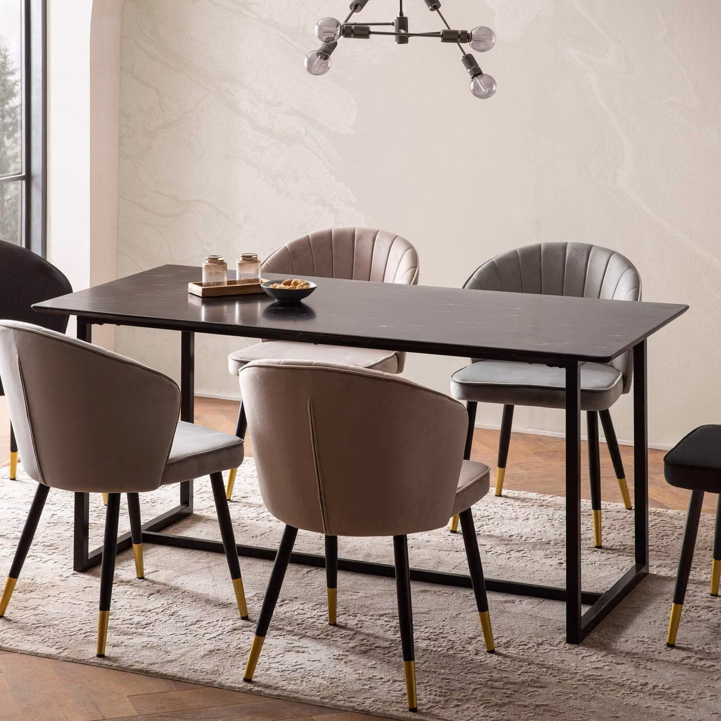 FineBuy, tavolo da pranzo nero, 160 cm, tavolo da cucina con aspetto marmorizzato, design moderno, gambe in metallo, tavolo rettangolare per la sala da pranzo