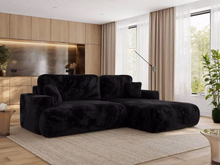 MKS MEBLE divano angolare OVO con funzione letto e box letto, peluche nero, divano a L, divano angolare a 4 posti, 271x195x95 cm - lato destro
