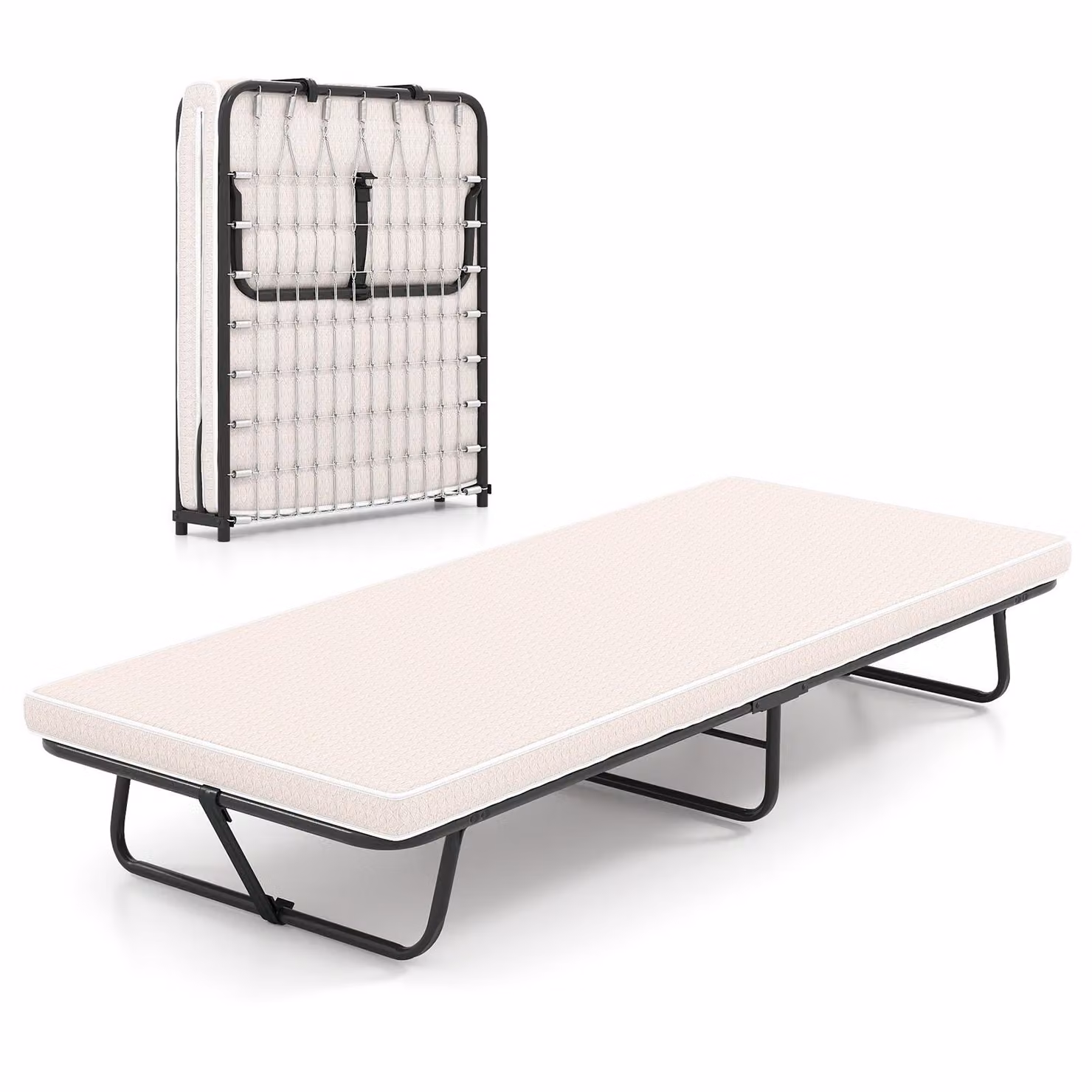 Letto per ospiti COSTWAY 190x80cm con materasso, letto singolo pieghevole, letto in metallo fino a 120kg, letto pieghevole con memory foam e struttura in metallo, letto pieghevole beige