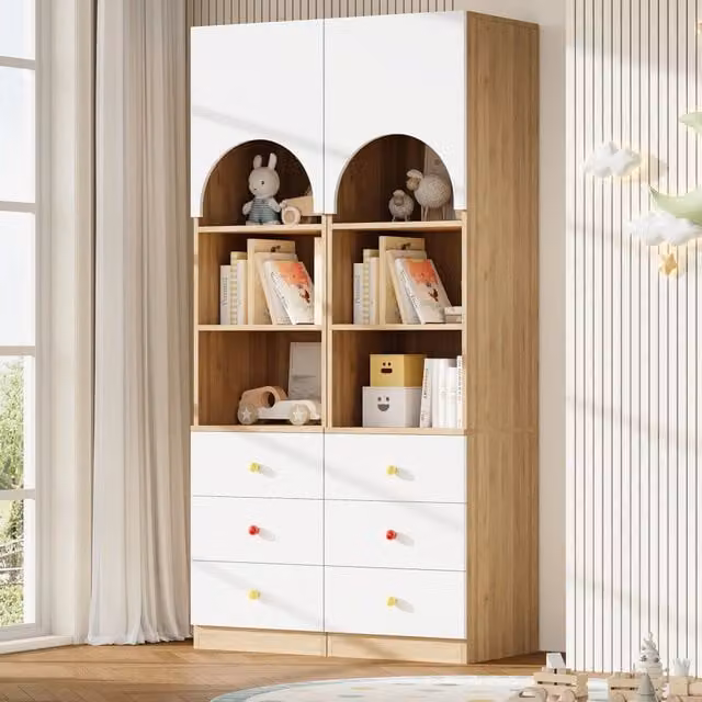 Libreria alta con 3 cassetti e vani chiusi con anta ad arco per cameretta in MDF bianco e effetto legno set da 2