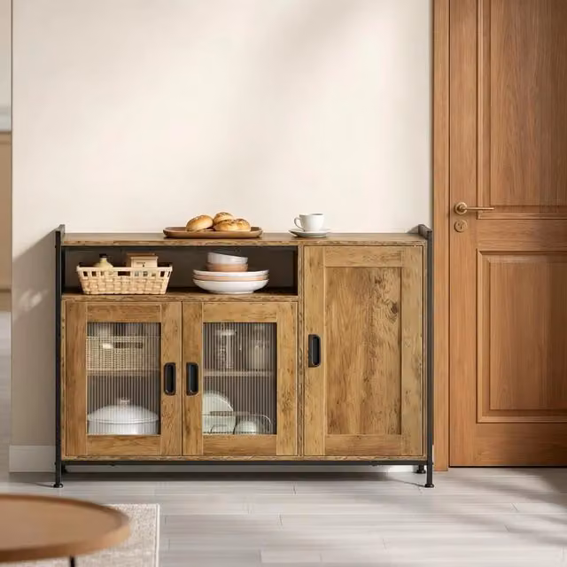 Credenza e madia OKWISH in legno e metallo marrone con vano aperto e 2 ante per cucina e soggiorno L: 110 cm, P: 33 cm, H: 75 cm