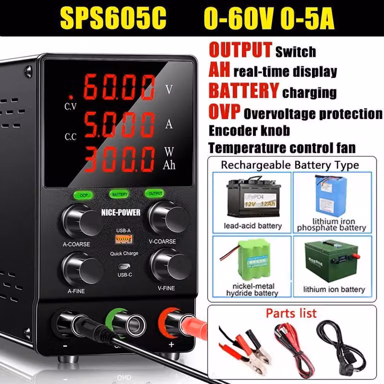 Alimentatore da laboratorio CC - SPS605C 60 V 5 A - 0–60 V 0–5 A - Indicatore in tempo reale della capacità (Ah) - Limitazione di corrente OCP - Ricarica rapida USB-C/USB-A - Protezione contro l'inversione di polarità