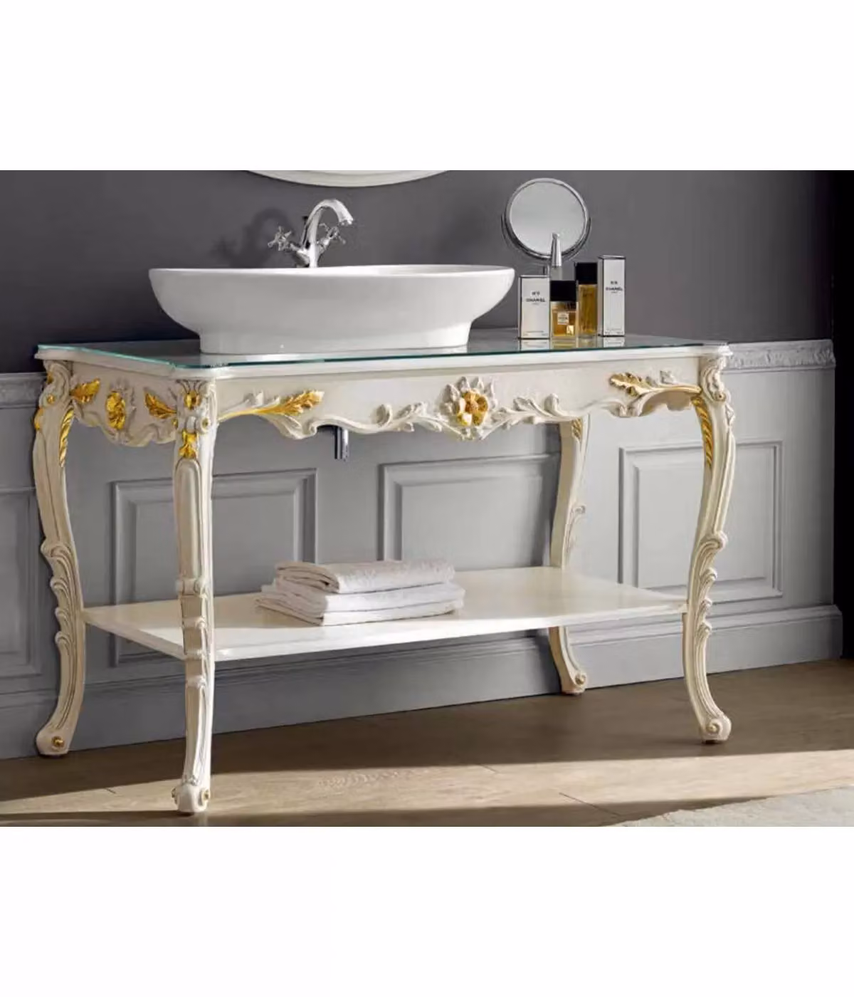 Specchio ovale in vetro e legno laccato bianco e oro Mobili 2G – 2