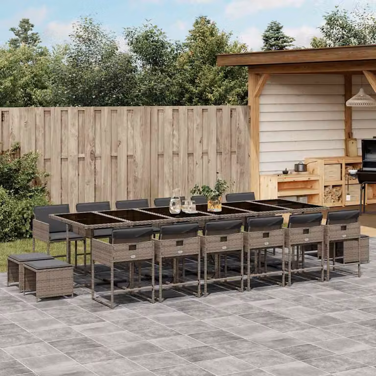 Set da pranzo da giardino vidaXL in polyrattan con cuscini grigi e piano in vetro, 17 pezzi
