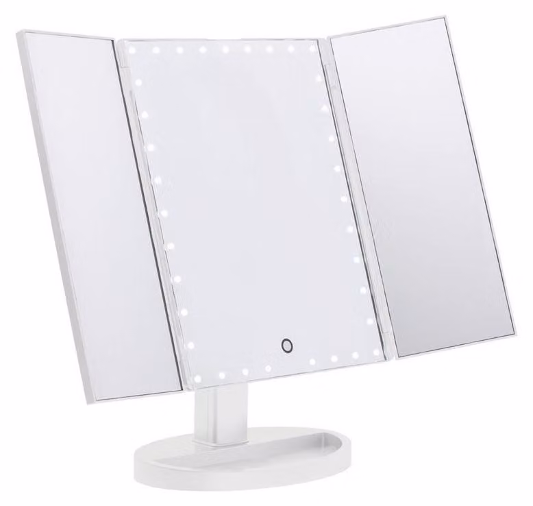 Specchio cosmetico a LED UNIQ Hollywood, specchio da trucco a tre ante con ingrandimento 2x e 3x, bianco