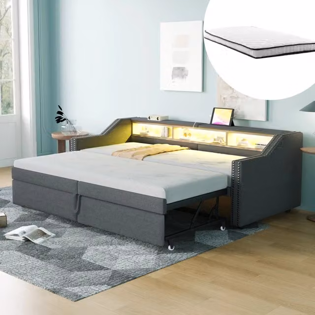 Divano letto estraibile 90/180 x 200 cm con ripiani; LED e USB; grigio scuro