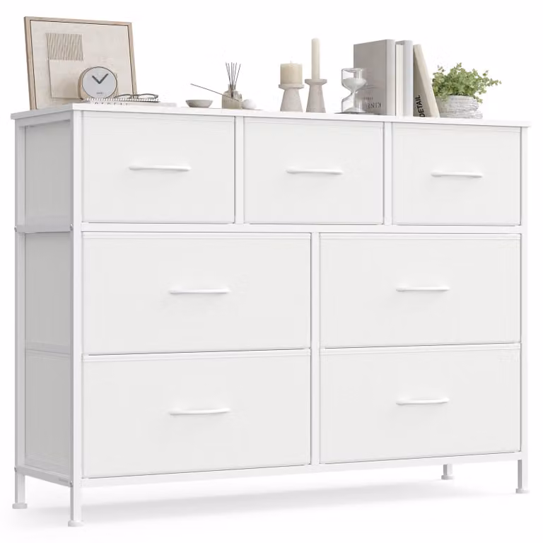 SONGMICS, cassettiera, mobiletto contenitore, 7 cassetti, acciaio – bianco nuvola + bianco ottico