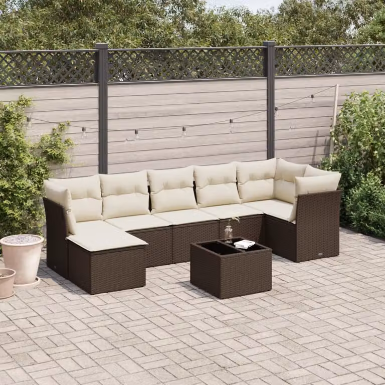 vidaXL Set Divani da Giardino 8 pz a Forma a L in Polyrattan Marrone con Cuscini e Tavolino da Esterno