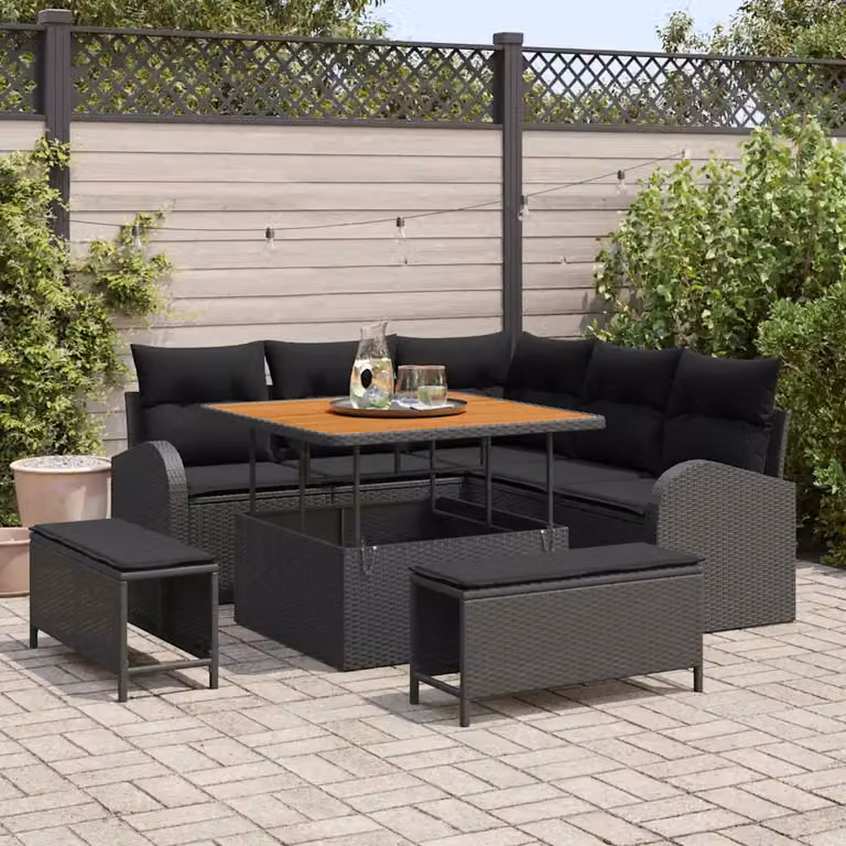 Set Divano da Giardino vidaXL 8 Pezzi in Polyrattan Nero con Cuscini e Tavolino