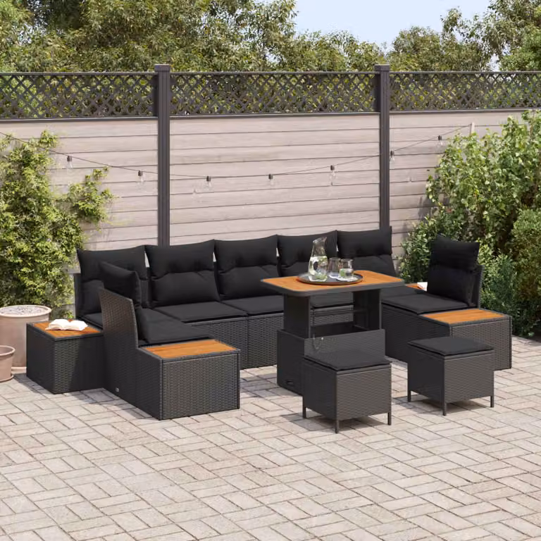 Set Divano da Giardino vidaXL a forma a U con 10 pezzi, Nero, in Poly Rattan con Cuscini e Tavolino da Esterno