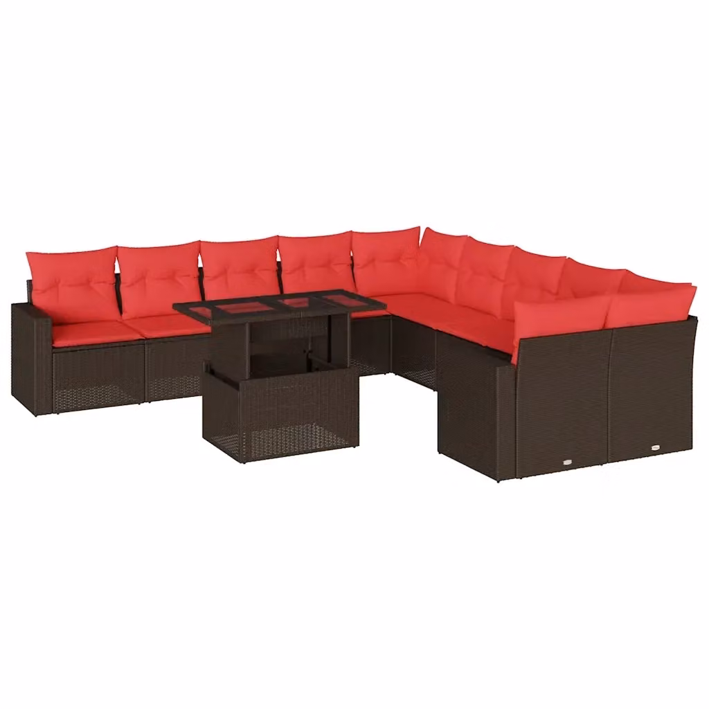 Set di divani da giardino vidaXL in polyrattan marrone con cuscini e tavolino da esterno a forma di L composto da 11 pezzi – 2