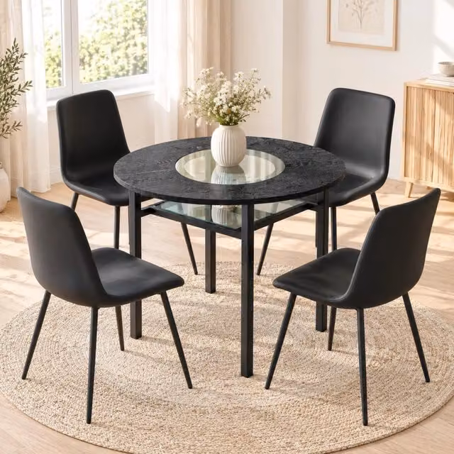 Set tavolo rotondo Ø100 cm con 4 sedie nere in PU