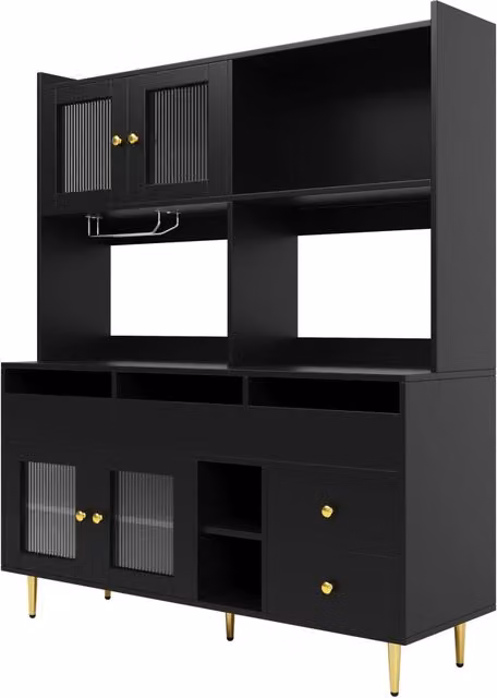 Credenza da pranzo in MDF nero con decorazioni dorate, ante in vetro satinato, 145x39x171 cm, con porta bicchieri e ampio spazio di stoccaggio