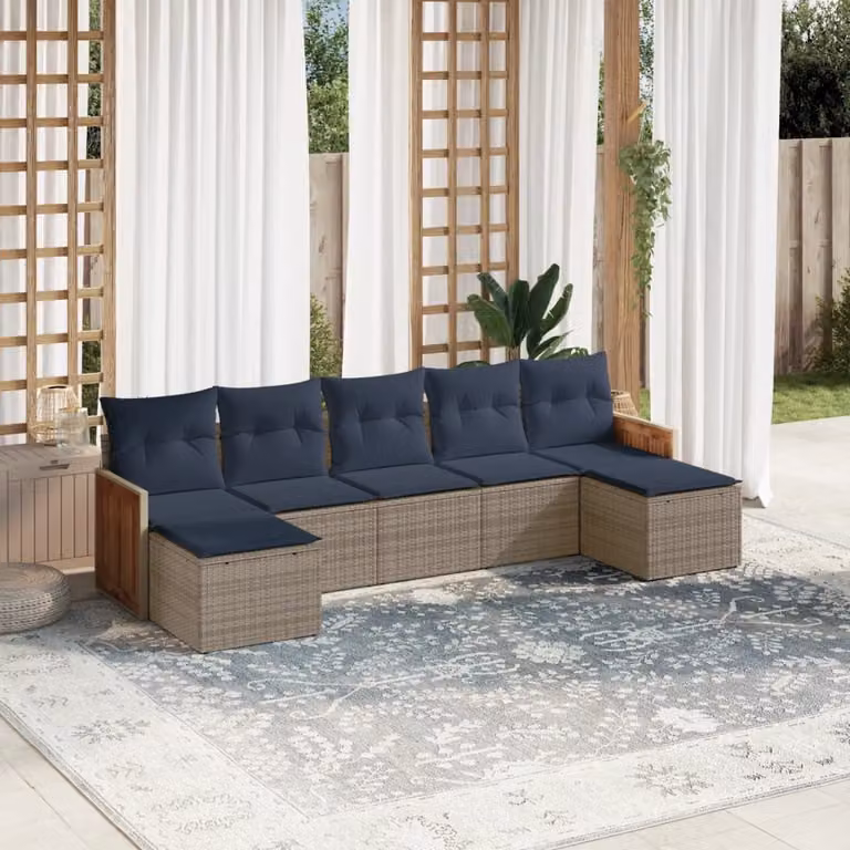Set Divani da Giardino vidaXL 7 pz a Forma a L con Cuscini Blu e Grigio in Polyrattan e Metallo