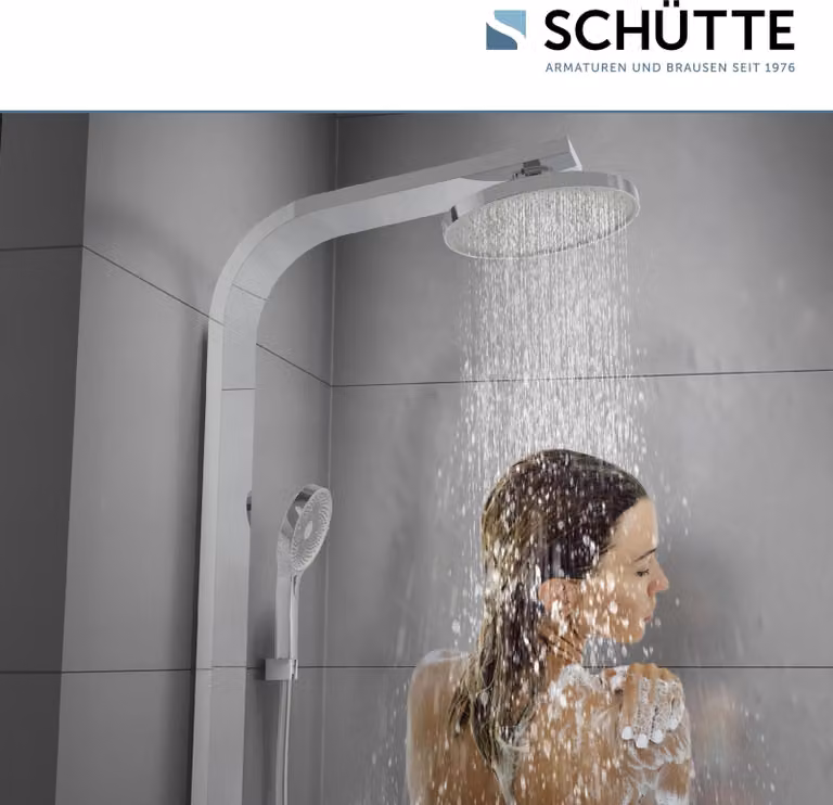 Pannello doccia SAMOA RAIN di SCHÜTTE, doccia a pioggia con termostatico e ripiano in vetro, doccetta con 3 funzioni, soffione, doccia cromo/grigio chiaro