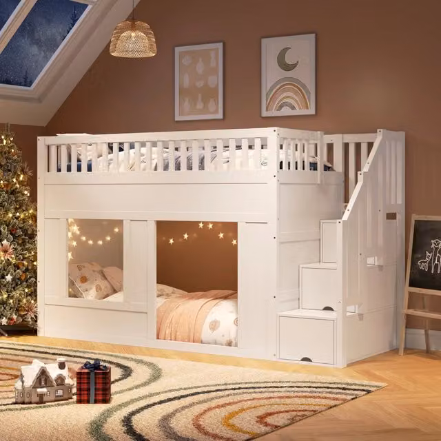 Letto a Castello Multifunzionale per Bambini ¨C MINIMAL ¨C Bianco, con Scala Contenitore, 90x200