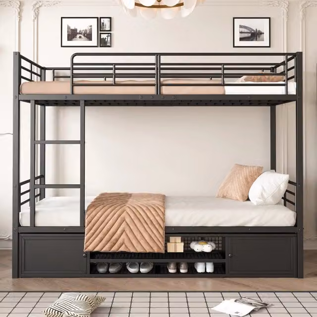 Letto a castello a 2 posti 90 × 200 cm, scala laterale, ripiani per scarpe e armadietti, senza materassi, nero