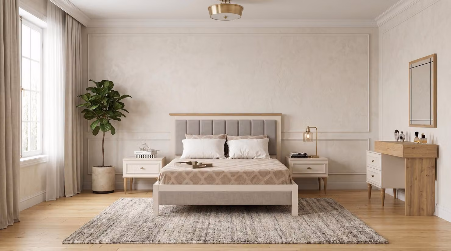 Comò elegante con specchio, trasformabile in un comò da trucco, stile classico, colore crema, confortevole