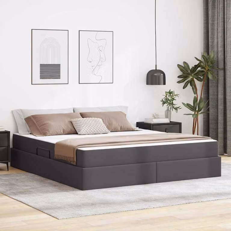 Letto con contenitore e materasso ibrido vidaXL in similpelle grigia L: 160 cm, P: 200 cm, H: 204 cm