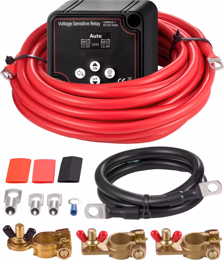 SucceBuy kit doppio relè staccabatteria, 12 V, 140 A, relè sensibile alla tensione con voltmetro e display LCD, interruttore staccabatteria, adatto per batterie al piombo, adatto per UTV e ATV