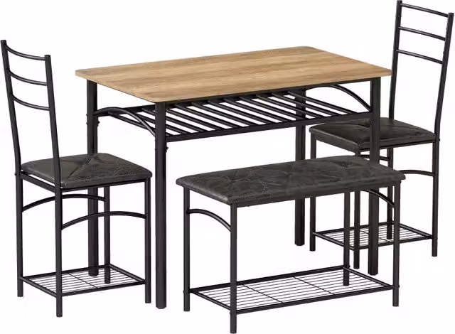 Set da pranzo composto da 4 pezzi, tavolo da cucina industriale con 2 sedie e panca per 4 persone, sedili imbottiti in similpelle, marrone