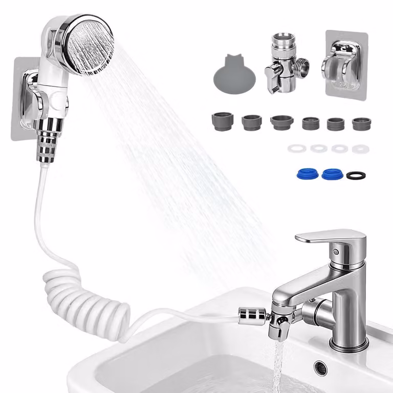 Rubinetto da bagno con tubo flessibile e supporto, 3 modalità, funzione di arresto, tubo inPoliuretanoda 1,5 metri, universale per rubinetti da 20-24 mm
