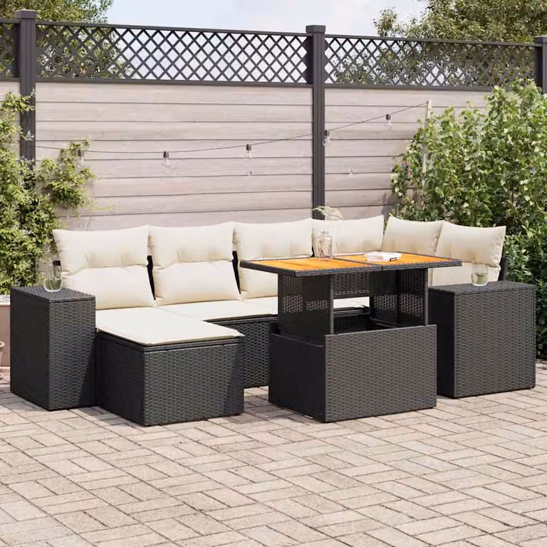 Set Divano da Giardino a L vidaXL con 7 Pezzi, Colore Nero e Bianco, con Tavolino, Pouf e Cuscini Imbottiti in Polyrattan e Acciaio Verniciato a Polvere